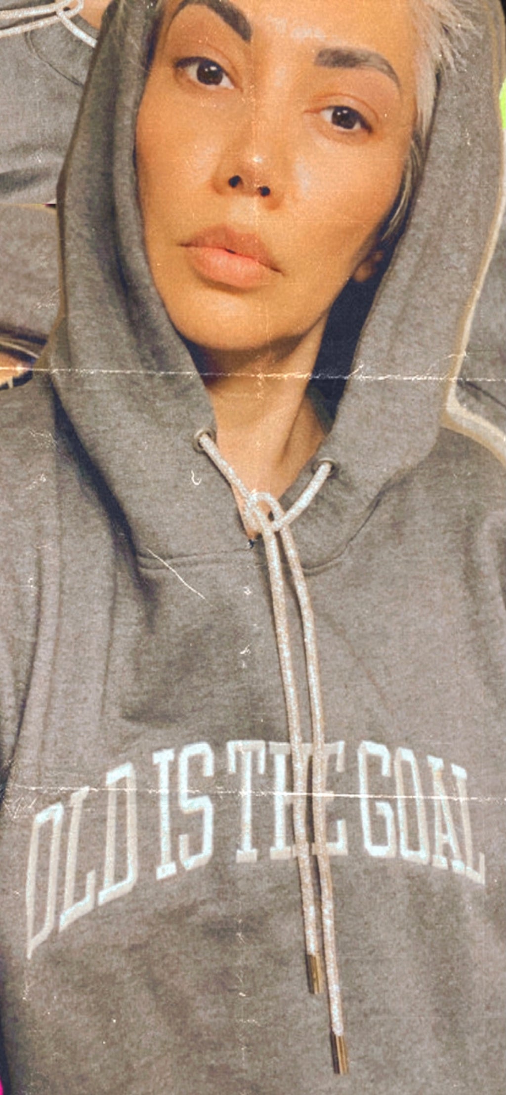 GRAY-OLD IS THE GOAL HOODIE WITH BLING ROPE DRAWSTRINGS